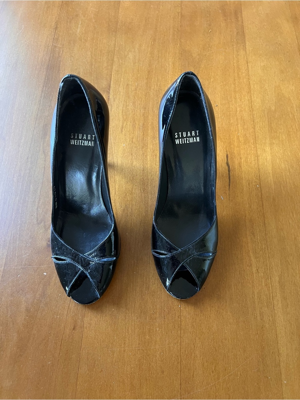 Stuart Weitzman Black Patent Peep Toe Pumps with Crossed Vamp